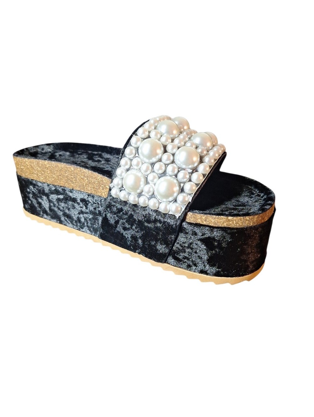 NIB Black Velvety Pearl Embellished Platform Slide Sandals